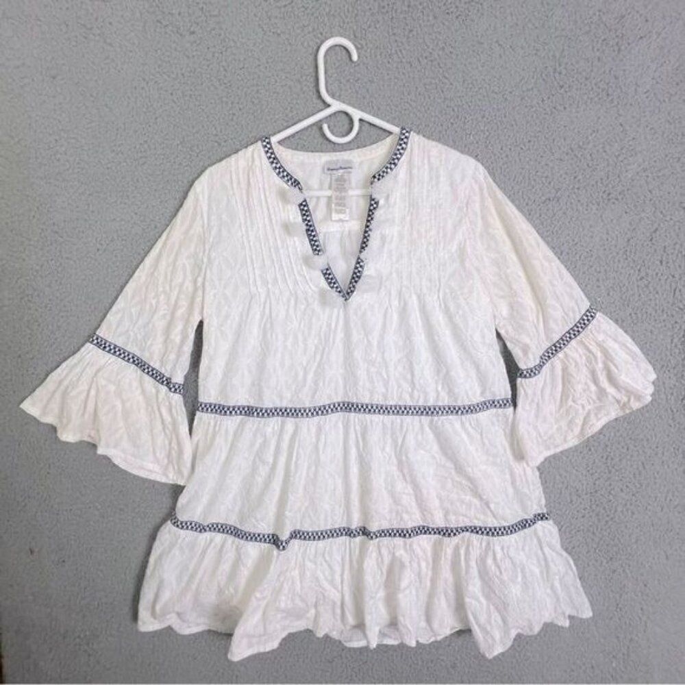 TOMMY BAHAMA WOMENS EMBROIDERED COTTON TIERED TUNIC WHITE WITH BLUE TRIM SIZE M - Picture 2 of 10